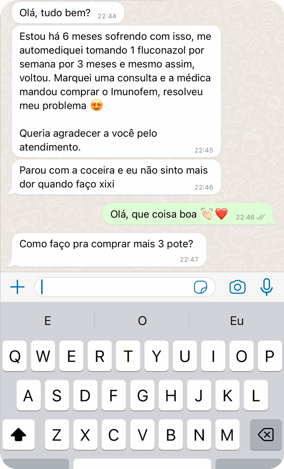 Print de WhatsApp — feedback positivo Imunofem Gummy