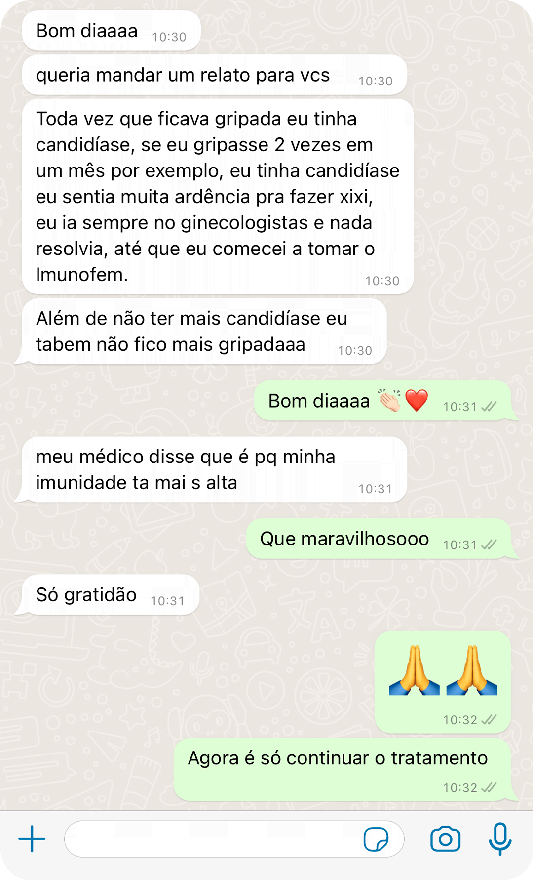 Print de WhatsApp — recomendação Imunofem Gummy