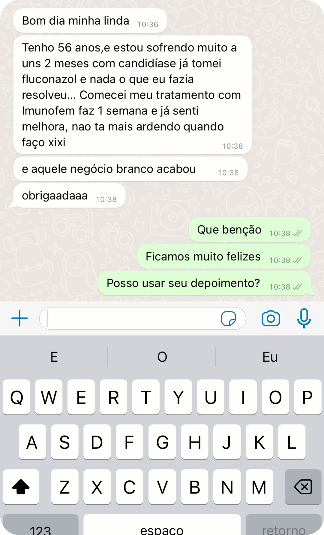 Print de WhatsApp — experiência real com Imunofem Gummy