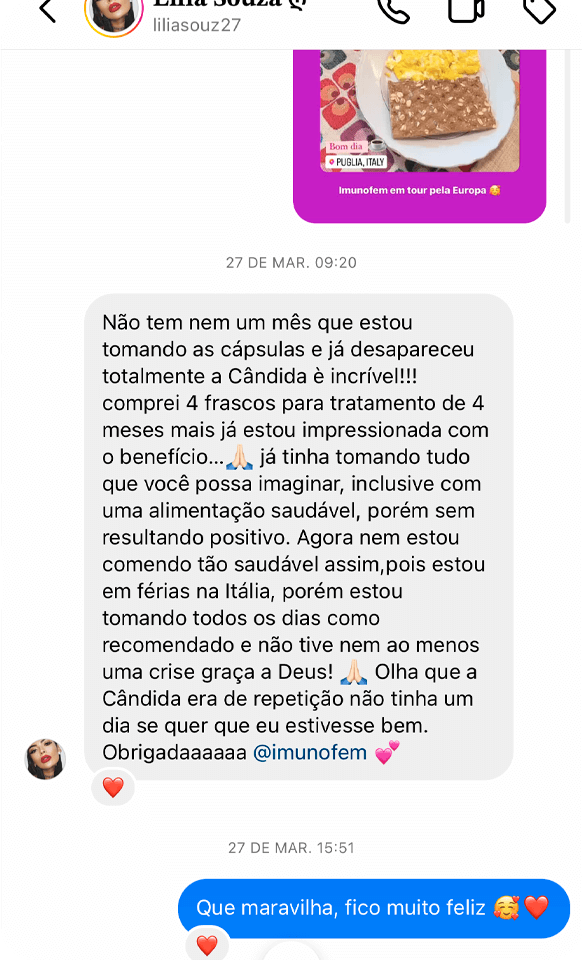 Print de Instagram: cliente relata que a cândida desapareceu e comprou 4 frascos