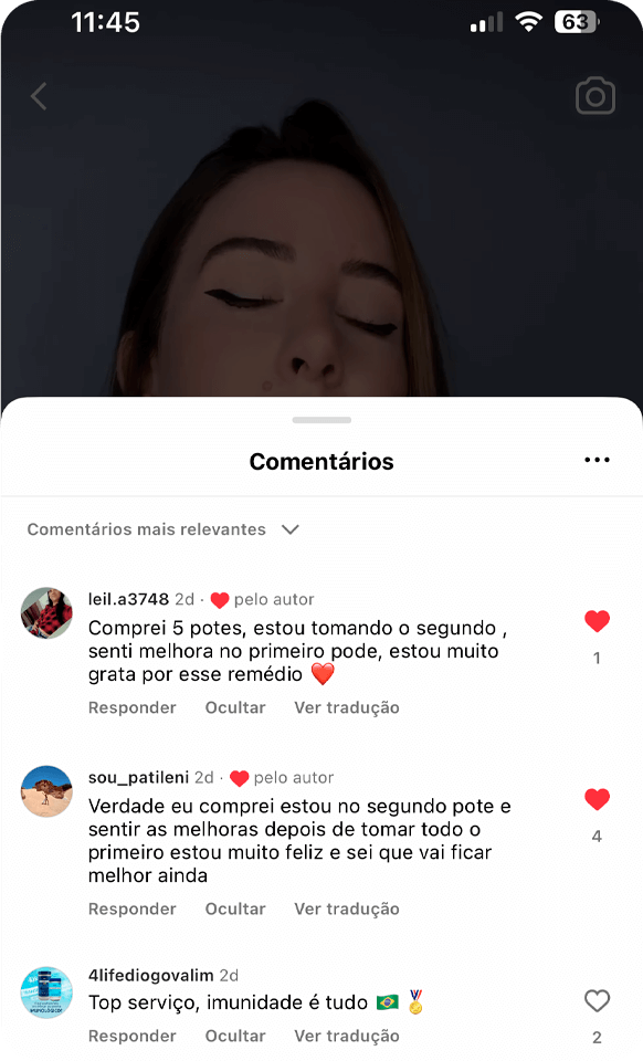 Print de comentários no Instagram: clientes relatam melhora já no primeiro pote